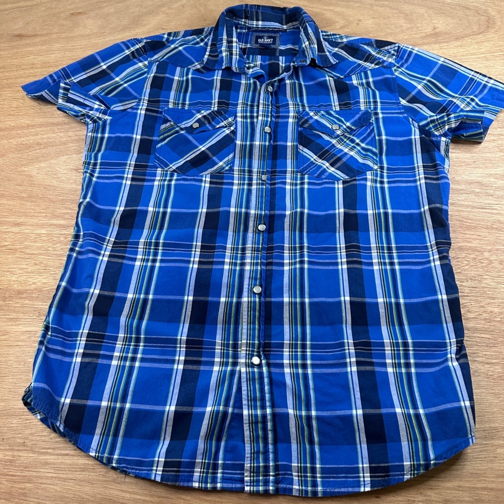 Old Navy Western Fit Plaid Snap Front Shirt Blue Short Sleeve Men's M